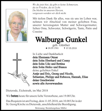 Traueranzeige von Walburga Gunkel von Thüringer Allgemeine