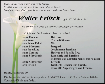 Traueranzeige von Walter Fritsch von Thüringer Allgemeine, Thüringische Landeszeitung