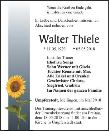 Traueranzeige von Walter Thiele von Thüringer Allgemeine, Thüringische Landeszeitung