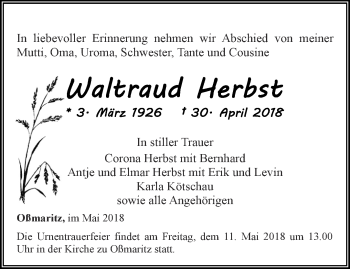 Traueranzeige von Waltraud Herbst von Thüringer Allgemeine, Thüringische Landeszeitung