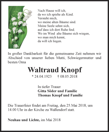 Traueranzeige von Waltraud Knopf von Ostthüringer Zeitung