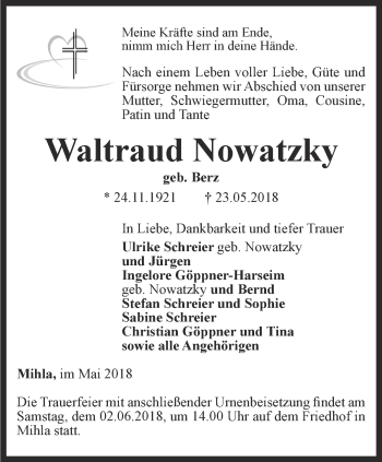 Traueranzeige von Waltraud Nowatzky von Thüringer Allgemeine, Thüringische Landeszeitung