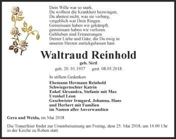 Traueranzeige von Waltraud Reinhold von Ostthüringer Zeitung