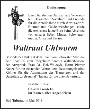 Traueranzeige von Waltraut Uhlworm von Ostthüringer Zeitung, Thüringische Landeszeitung