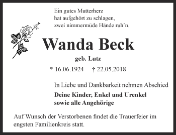 Traueranzeige von Wanda Beck von Thüringer Allgemeine, Thüringische Landeszeitung