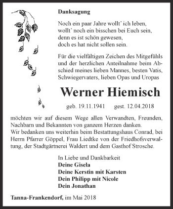 Traueranzeige von Werner Hiemisch von Ostthüringer Zeitung
