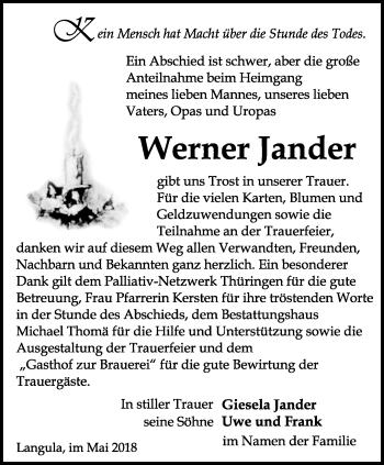 Traueranzeige von Werner Jander von Thüringer Allgemeine, Thüringische Landeszeitung