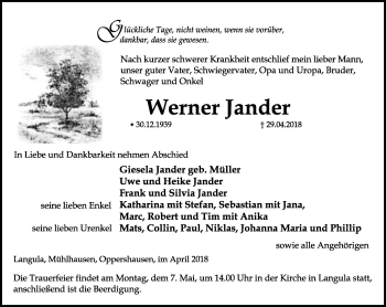 Traueranzeige von Werner Jander von Thüringer Allgemeine, Thüringische Landeszeitung