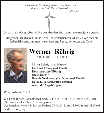 Traueranzeige von Werner Röhrig von Thüringer Allgemeine