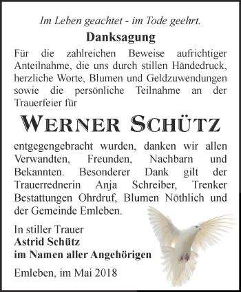 Traueranzeige von Werner Schütz von Ostthüringer Zeitung, Thüringische Landeszeitung