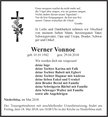 Traueranzeige von Werner Vonnoe von Thüringer Allgemeine
