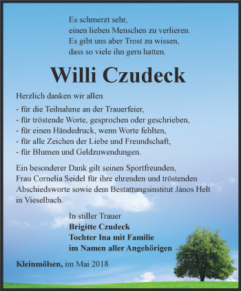 Traueranzeige von Willi Czudeck von Thüringer Allgemeine, Thüringische Landeszeitung