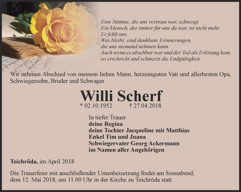  Traueranzeige für Willi Scherf vom 04.05.2018 aus Ostthüringer Zeitung