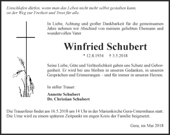 Traueranzeige von Winfried Schubert von Ostthüringer Zeitung