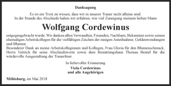 Traueranzeige von Wolfgang Cordewinus von Thüringer Allgemeine, Thüringische Landeszeitung