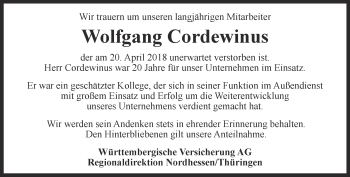 Traueranzeige von Wolfgang Cordewinus von Thüringer Allgemeine, Thüringische Landeszeitung