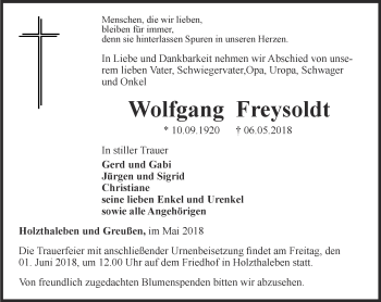 Traueranzeige von Wolfgang Freysoldt von Thüringer Allgemeine
