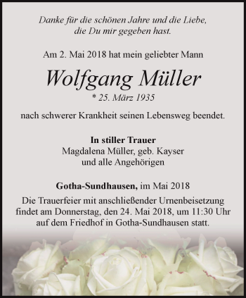 Traueranzeige von Wolfgang Müller von Ostthüringer Zeitung, Thüringische Landeszeitung