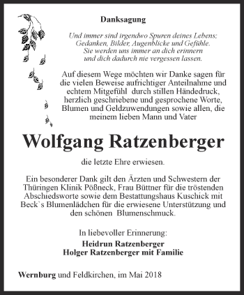 Traueranzeige von Wolfgang Ratzenberger von Ostthüringer Zeitung