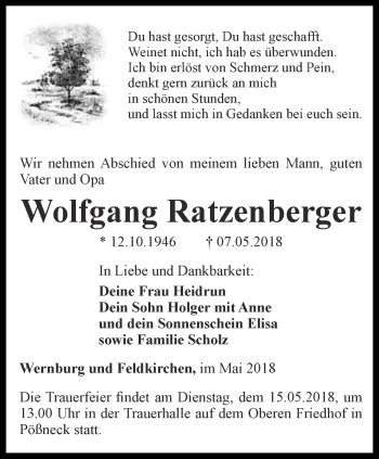 Traueranzeige von Wolfgang Ratzenberger von Ostthüringer Zeitung