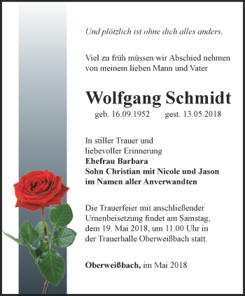 Traueranzeige von Wolfgang Schmidt von Ostthüringer Zeitung