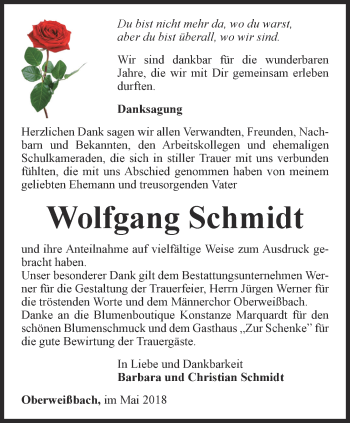 Traueranzeige von Wolfgang Schmidt von Ostthüringer Zeitung