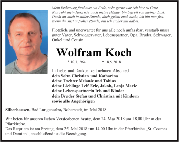 Traueranzeige von Wolfram Koch von Thüringer Allgemeine