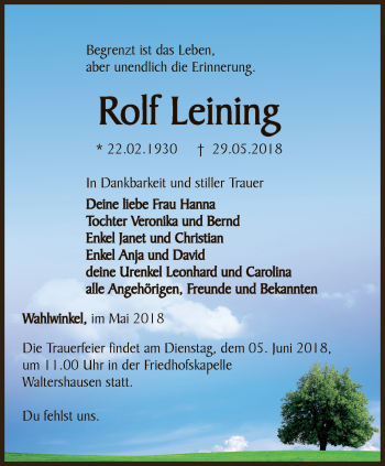 Traueranzeige von Rolf Leining von Ostthüringer Zeitung, Thüringische Landeszeitung