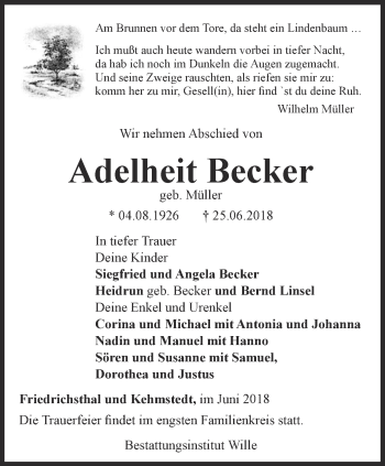 Traueranzeige von Adelheit Becker von Thüringer Allgemeine