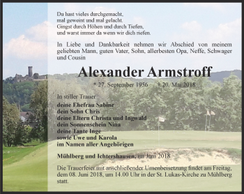 Traueranzeige von Alexander Armstroff von Ostthüringer Zeitung, Thüringische Landeszeitung