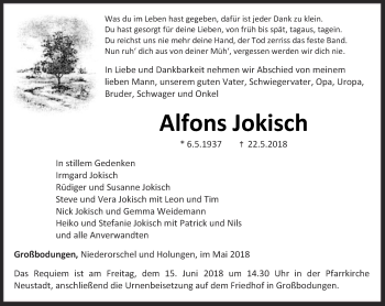 Traueranzeige von Alfons Jokisch von Thüringer Allgemeine