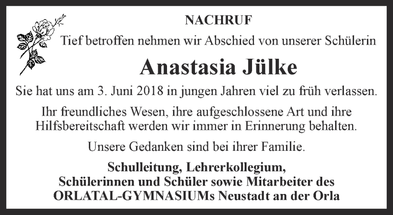  Traueranzeige für Anastasia Jülke vom 16.06.2018 aus Ostthüringer Zeitung