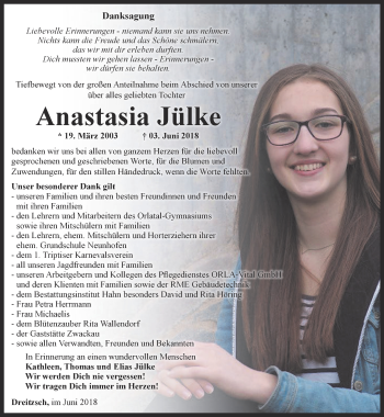 Traueranzeige von Anastasia Jülke