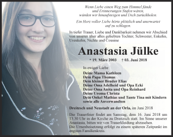 Traueranzeige von Anastasia Jülke