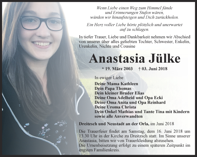  Traueranzeige für Anastasia Jülke vom 09.06.2018 aus Ostthüringer Zeitung