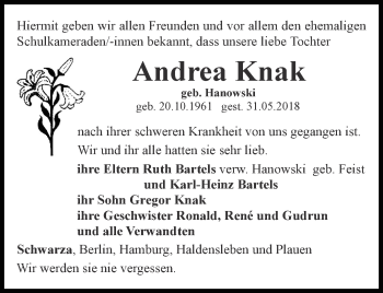 Traueranzeige von Andrea Knak von Ostthüringer Zeitung