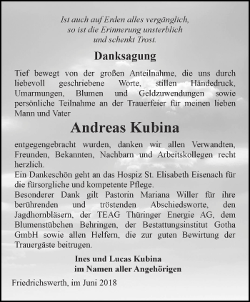 Traueranzeige von Andreas Kubina von Ostthüringer Zeitung, Thüringische Landeszeitung