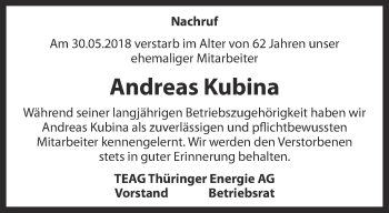 Traueranzeige von Andreas Kubina von Ostthüringer Zeitung, Thüringische Landeszeitung