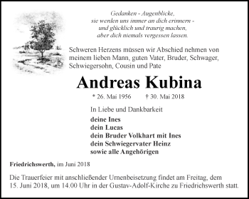 Traueranzeige von Andreas Kubina von Ostthüringer Zeitung, Thüringische Landeszeitung
