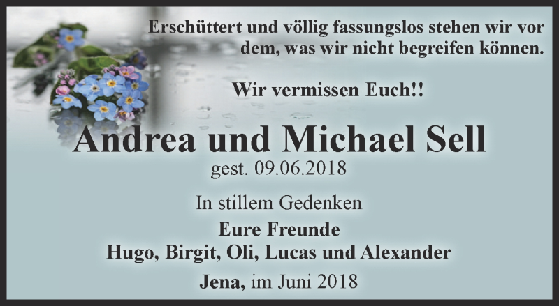  Traueranzeige für Andrea und Michael Sell vom 15.06.2018 aus Ostthüringer Zeitung, Thüringische Landeszeitung