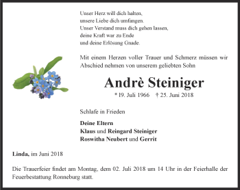 Traueranzeige von Andrè Steiniger von Ostthüringer Zeitung