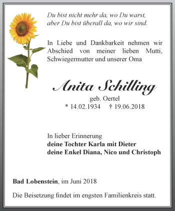 Traueranzeige von Anita Schilling von Ostthüringer Zeitung