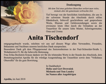Traueranzeige von Anita Tischendorf von Thüringer Allgemeine, Thüringische Landeszeitung