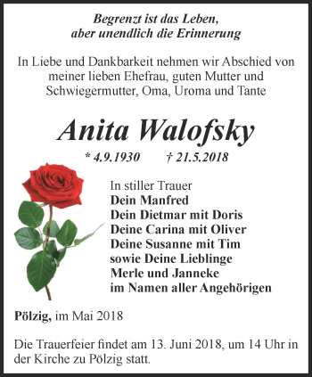 Traueranzeige von Anita Walofsky von Ostthüringer Zeitung
