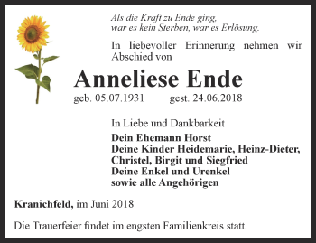 Traueranzeige von Anneliese Ende von Thüringer Allgemeine, Thüringische Landeszeitung