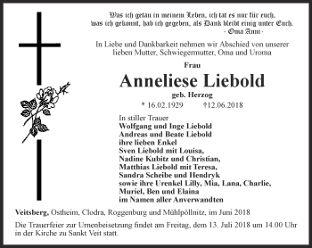 Traueranzeige von Anneliese Liebold von Ostthüringer Zeitung