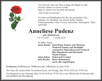 Traueranzeige von Anneliese Pudenz von Thüringer Allgemeine