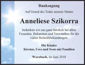 Traueranzeige von Anneliese Szikorra von Ostthüringer Zeitung