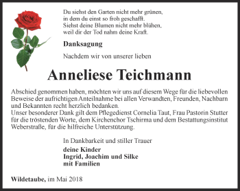 Traueranzeige von Anneliese Teichmann von Ostthüringer Zeitung