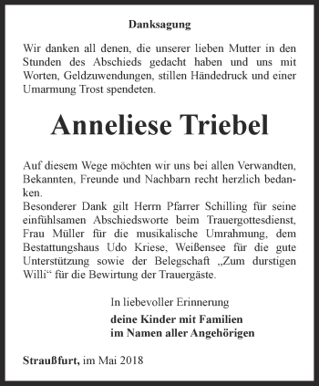 Traueranzeige von Anneliese Triebel von Thüringer Allgemeine